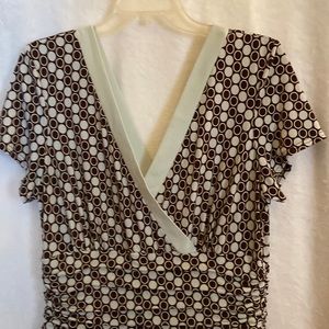 Dress with brown background and blue and brown dots.